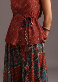 Red Printed Kurti Palazzo Set With Embroidery