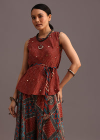 Red Printed Kurti Palazzo Set With Embroidery