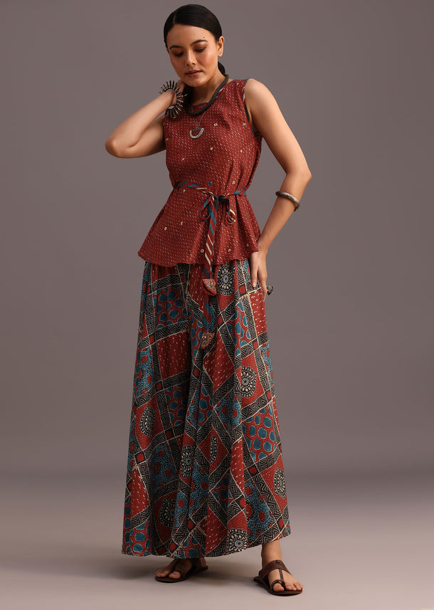 Red Printed Kurti Palazzo Set With Embroidery