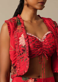 Red Printed Lehenga And Jacket Set In Chiffon