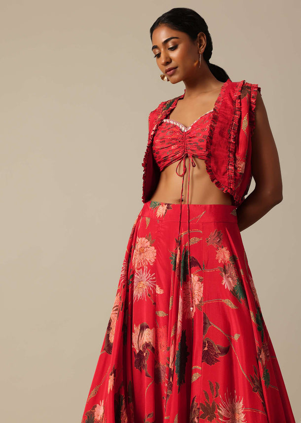 Red Printed Lehenga And Jacket Set In Chiffon