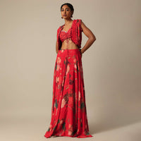 Red Printed Lehenga And Jacket Set In Chiffon