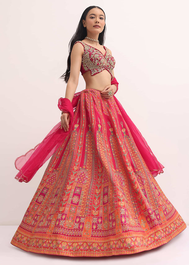 Red Printed Lehenga With Embroidered Choli Set