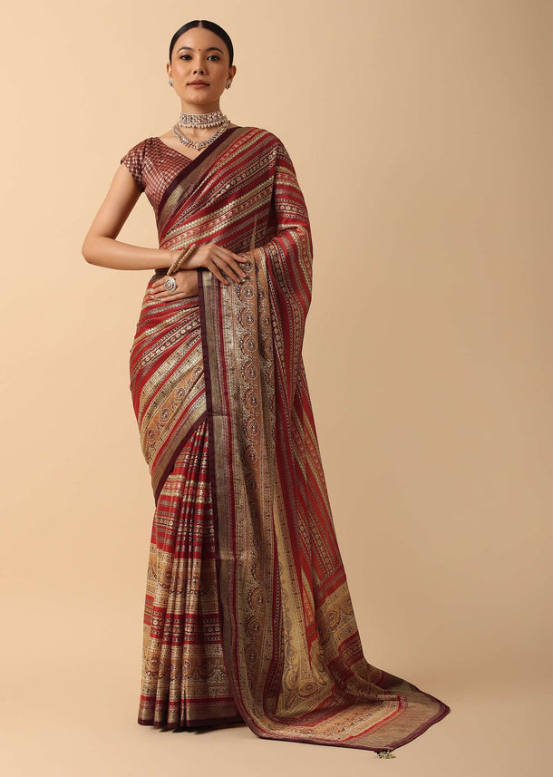 Red Printed Saree In Silk With Traditional Kalamkari Detail And Unstitched Blouse