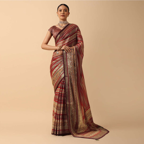 Red Printed Saree In Silk With Traditional Kalamkari Detail And Unstitched Blouse