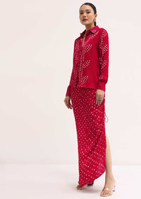 Red Printed Satin Shirt And Skirt