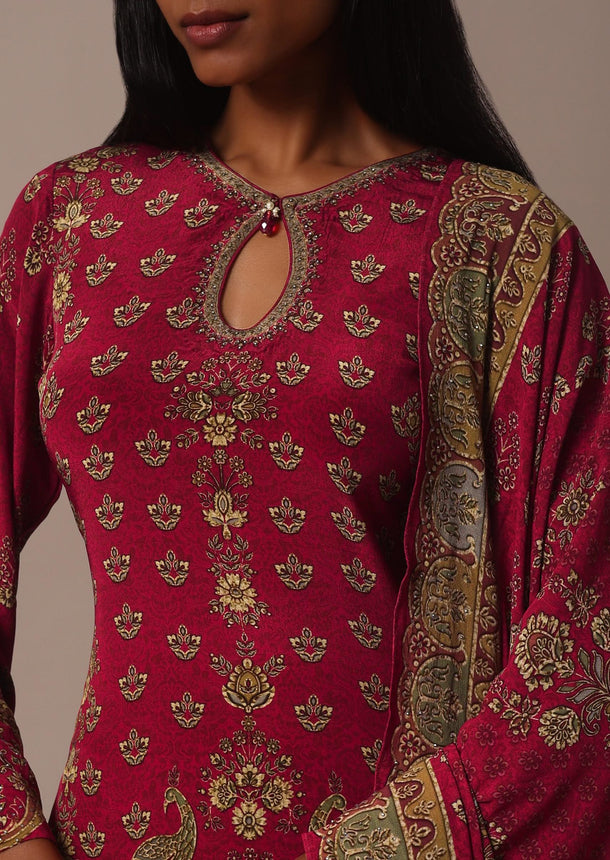 Red Printed Sharara Set With Stone Work Kurta