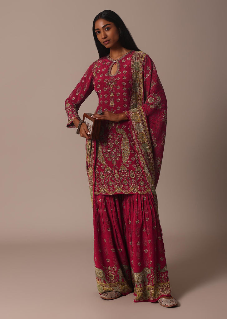 Red Printed Sharara Set With Stone Work Kurta