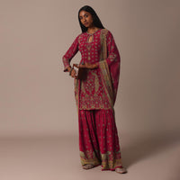 Red Printed Sharara Set With Stone Work Kurta