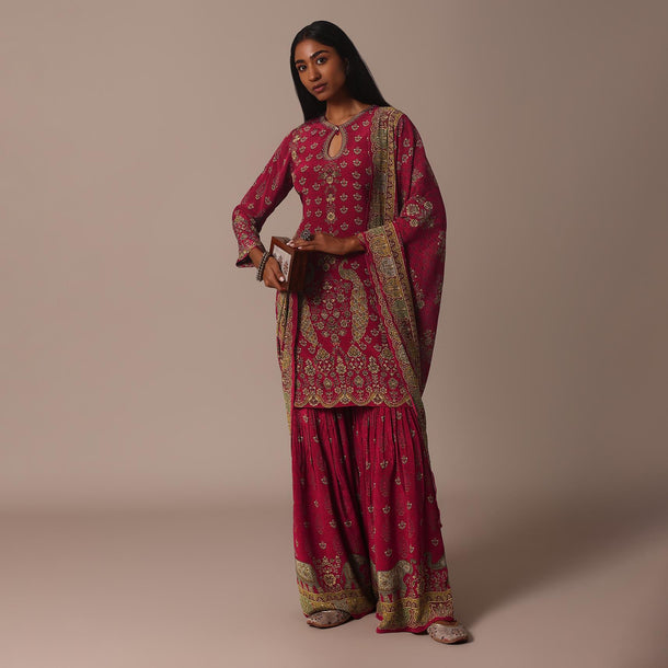 Red Printed Sharara Set With Stone Work Kurta