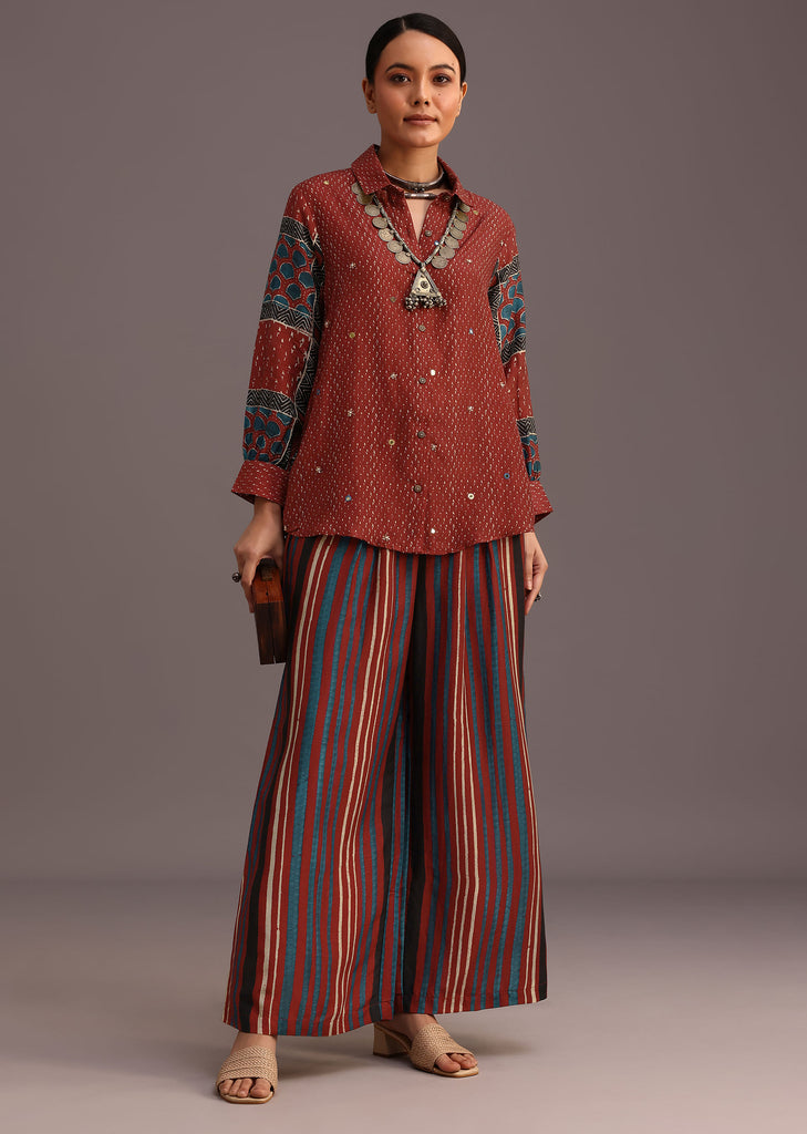 Red Printed Shirt Palazzo Set With Embroidery