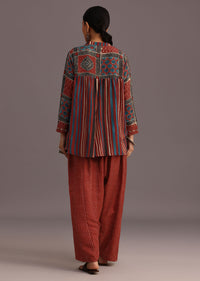 Red Printed Shirt Salwar Set With Embroidery