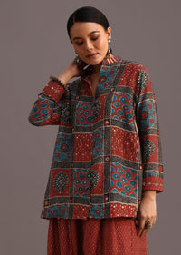 Red Printed Shirt Salwar Set With Embroidery