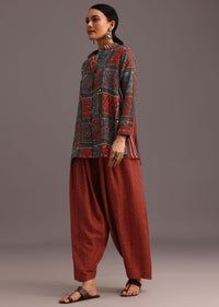 Red Printed Shirt Salwar Set With Embroidery