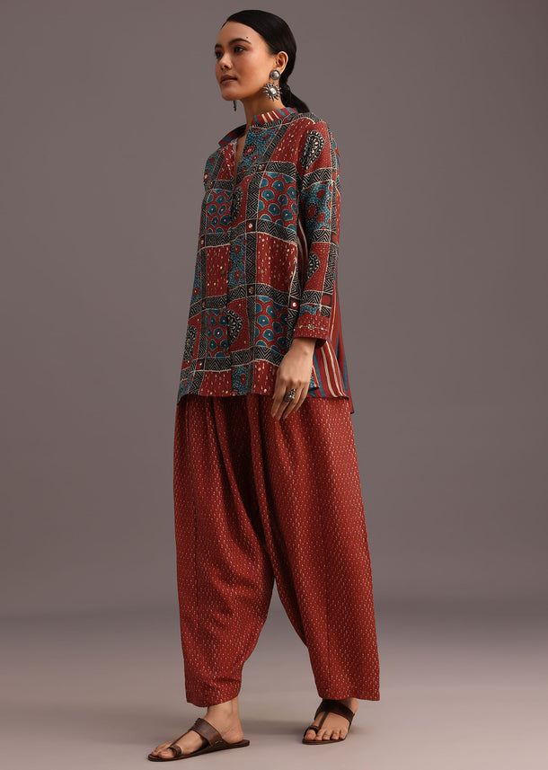 Red Printed Shirt Salwar Set With Embroidery