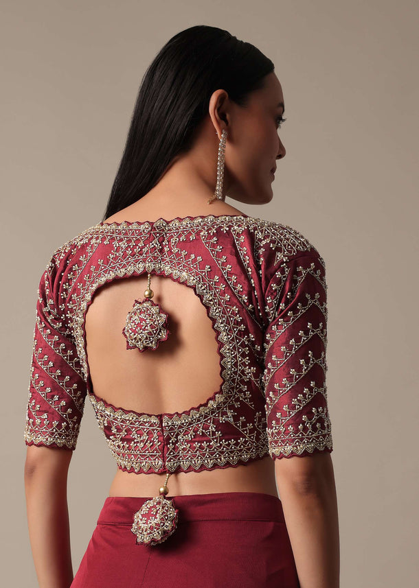 Maroon Readymade Saree With Embellished Blouse