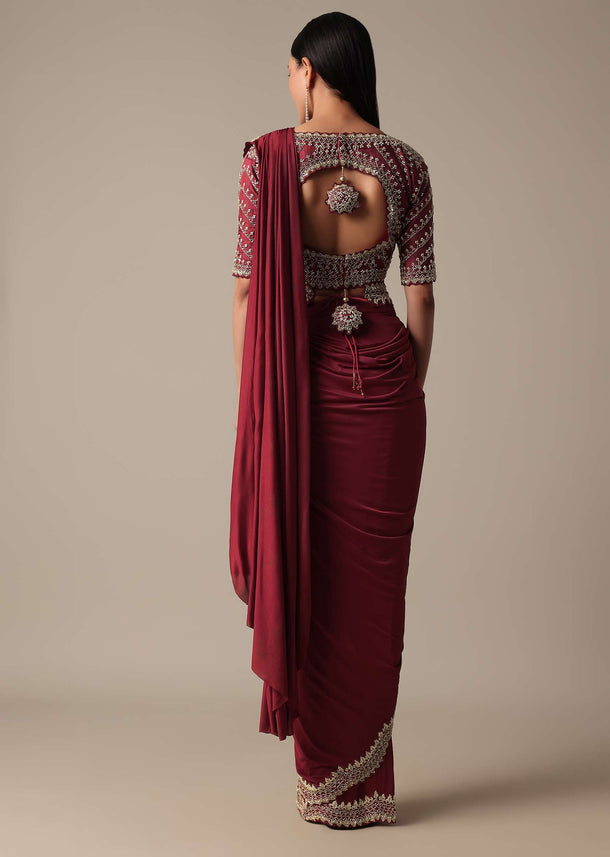 Maroon Readymade Saree With Embellished Blouse