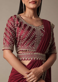 Red Ready Pleated Saree With Embellished Blouse