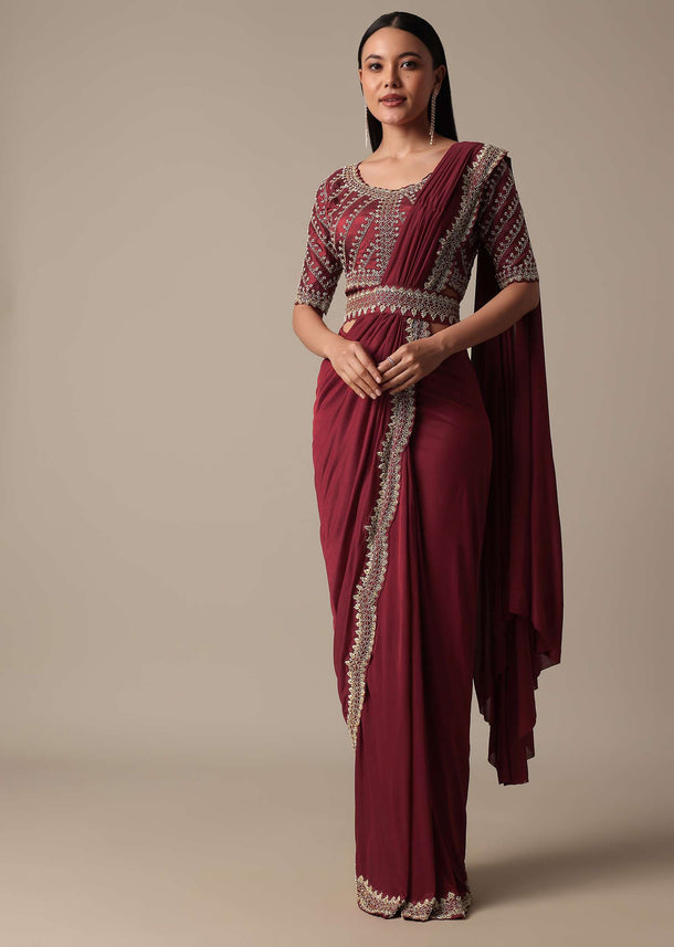 Red Ready Pleated Saree With Embellished Blouse