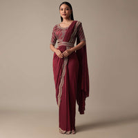 Red Ready Pleated Saree With Embellished Blouse