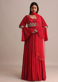 Red Ruched Anarkali Suit With Dupatta