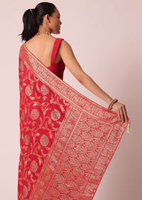 Red Saree in Dola Silk With Floral Weave And Unstitched Blouse Piece