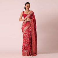 Red Saree in Dola Silk With Floral Weave And Unstitched Blouse Piece