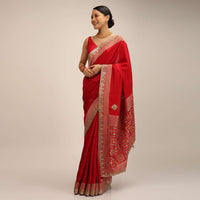 Red Saree In Silk With Brocade Geometric Design On The Pallu And Gotta Embroidery