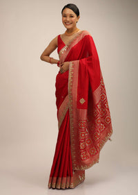 Red Saree In Silk With Brocade Geometric Design On The Pallu And Gotta Embroidery