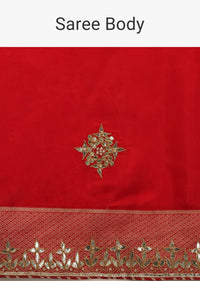 Red Saree In Silk With Brocade Geometric Design On The Pallu And Gotta Embroidery