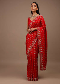 Red Saree In Silk With Brocade Woven Floral Buttis And Moti Embroidered Border Design