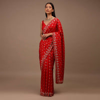 Red Saree In Silk With Brocade Woven Floral Buttis And Moti Embroidered Border Design