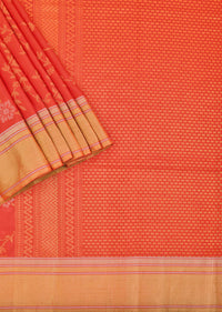 Red Saree In South Silk With Woven Floral Jaal And Unstitched Blouse Piece