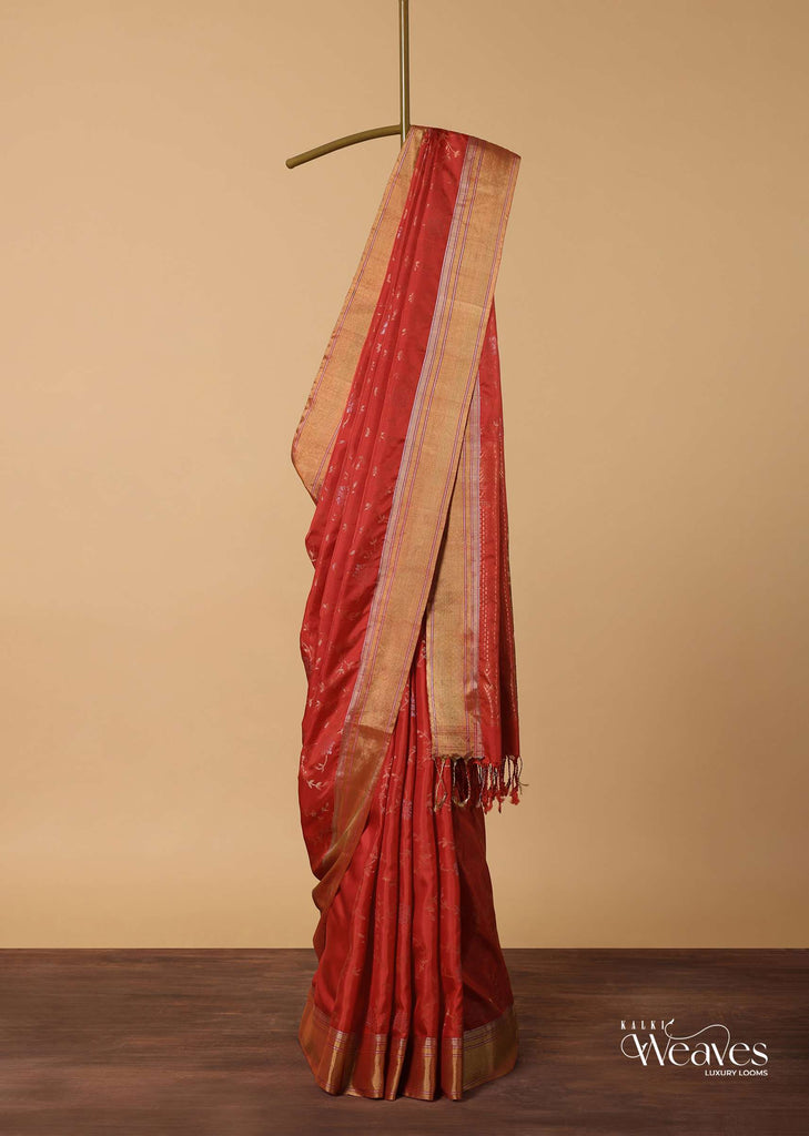 Red Saree In South Silk With Woven Floral Jaal And Unstitched Blouse Piece