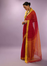 Red Saree In Tussar Silk With Sequins Woven In Butti Design And Contrasting Yellow Border