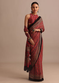 Red Satin Ajrakh Handblock Printed Saree