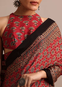 Red Satin Ajrakh Handblock Printed Saree