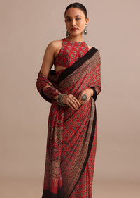 Red Satin Ajrakh Handblock Printed Saree