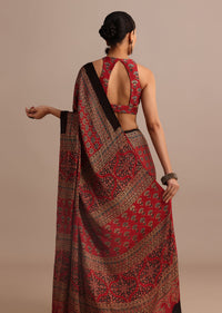 Red Satin Ajrakh Handblock Printed Saree