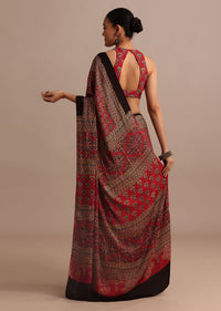 Red Satin Ajrakh Handblock Printed Saree