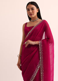 Red Satin Chinon Saree With Mirror Embroidery And Unstitched Blouse