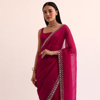 Red Satin Chinon Saree With Mirror Embroidery And Unstitched Blouse
