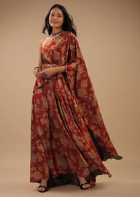 Red Satin One-Shoulder Dress With Floral Print And A Belt To Cinch The Drape