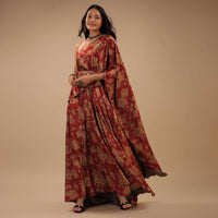 Red Satin One-Shoulder Dress With Floral Print And A Belt To Cinch The Drape