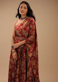 Red Satin One-Shoulder Dress With Floral Print And A Belt To Cinch The Drape
