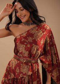 Red Satin One-Shoulder Dress With Floral Print And A Belt To Cinch The Drape