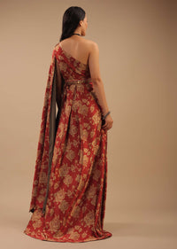 Red Satin One-Shoulder Dress With Floral Print And A Belt To Cinch The Drape