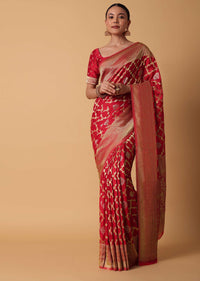 Red Satin Organza Saree With Moroccan Jaal Weave And Unstitched Blouse Piece