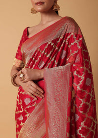 Red Satin Organza Saree With Moroccan Jaal Weave And Unstitched Blouse Piece