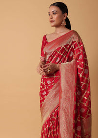 Red Satin Organza Saree With Moroccan Jaal Weave And Unstitched Blouse Piece